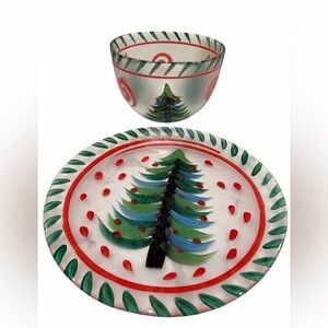 Kosta Boda Christmas Tree Plate and Bowl Set hand painted